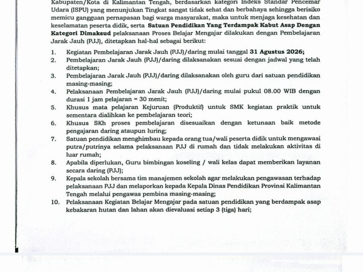 Antisipasi Kabut Asap Karhutla, Pemprov Kalteng Terapkan PJJ bagi Sekolah Terdampak Mulai 31 Agustus 2026