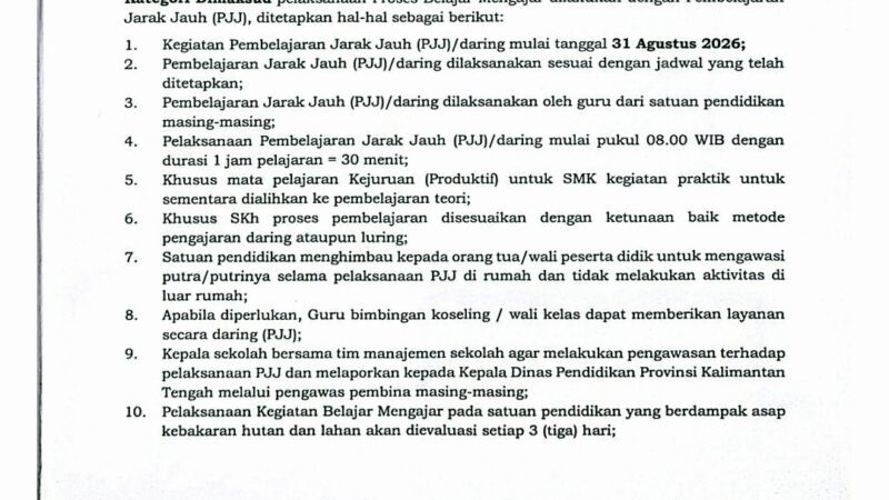 Antisipasi Kabut Asap Karhutla, Pemprov Kalteng Terapkan PJJ bagi Sekolah Terdampak Mulai 31 Agustus 2026