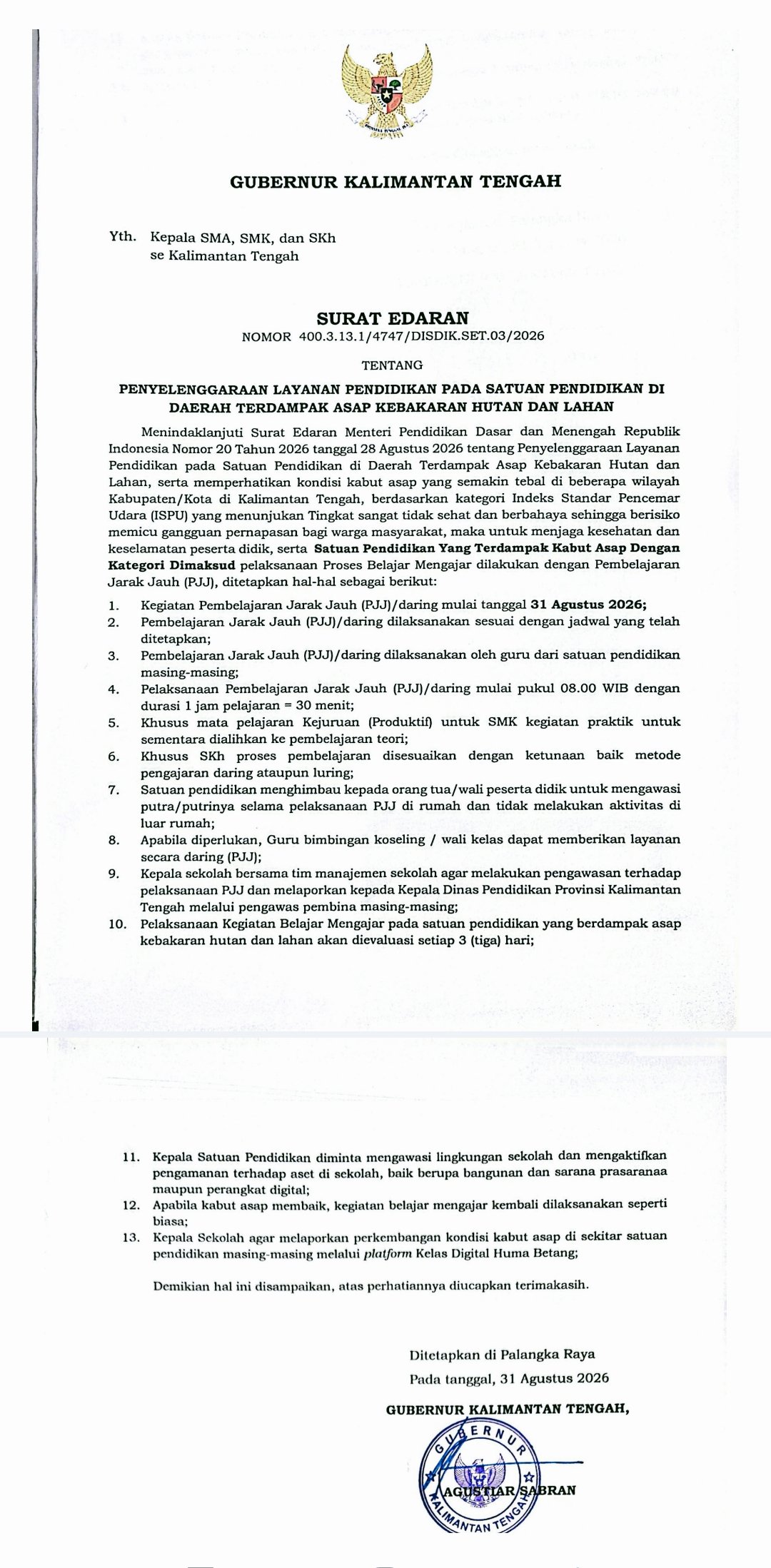 Antisipasi Kabut Asap Karhutla, Pemprov Kalteng Terapkan PJJ bagi Sekolah Terdampak Mulai 31 Agustus 2026